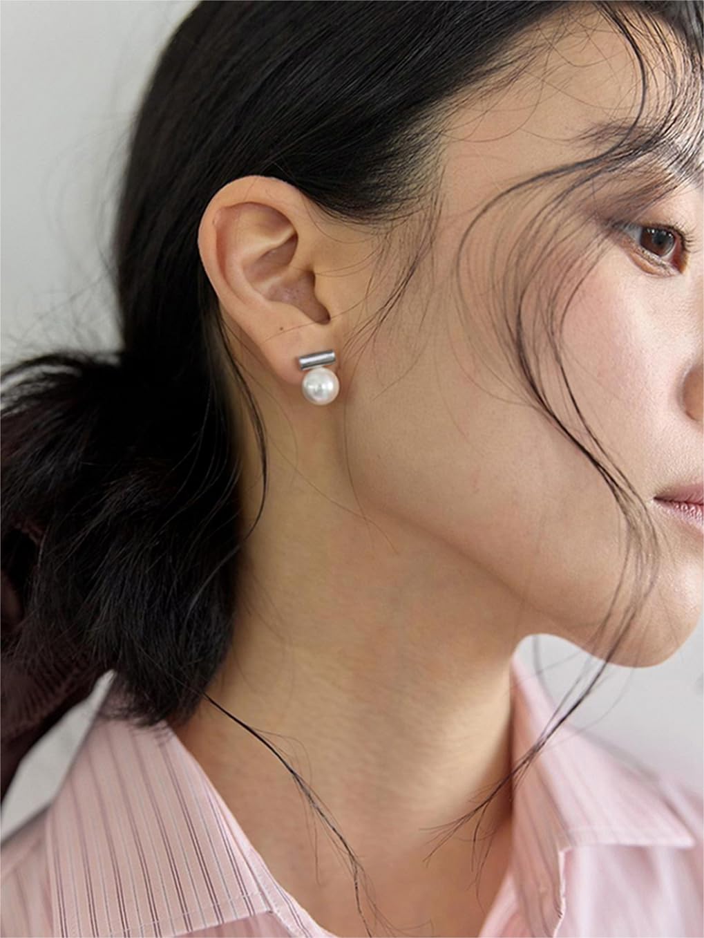 10mm Shell Pearl Drop Earrings, Silver Bar Stud Earrings, Dainty Wedding Jewelry