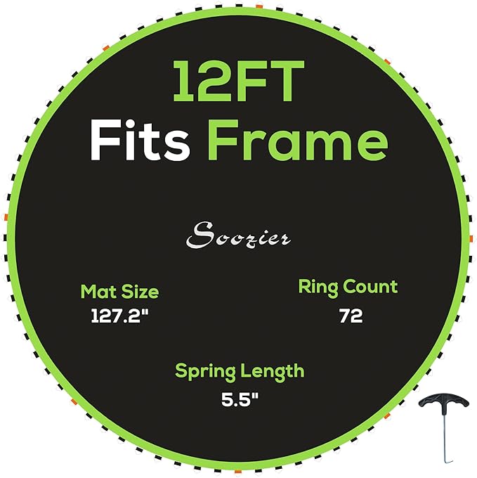 Soozier Trampoline Replacement Mat, Fits 12' Trampoline with 72 V Hooks, 5. 5" Springs, Trampoline Mat with 8 Rows of Stitching, Spring Pull Tool Spring, Frame not Included
