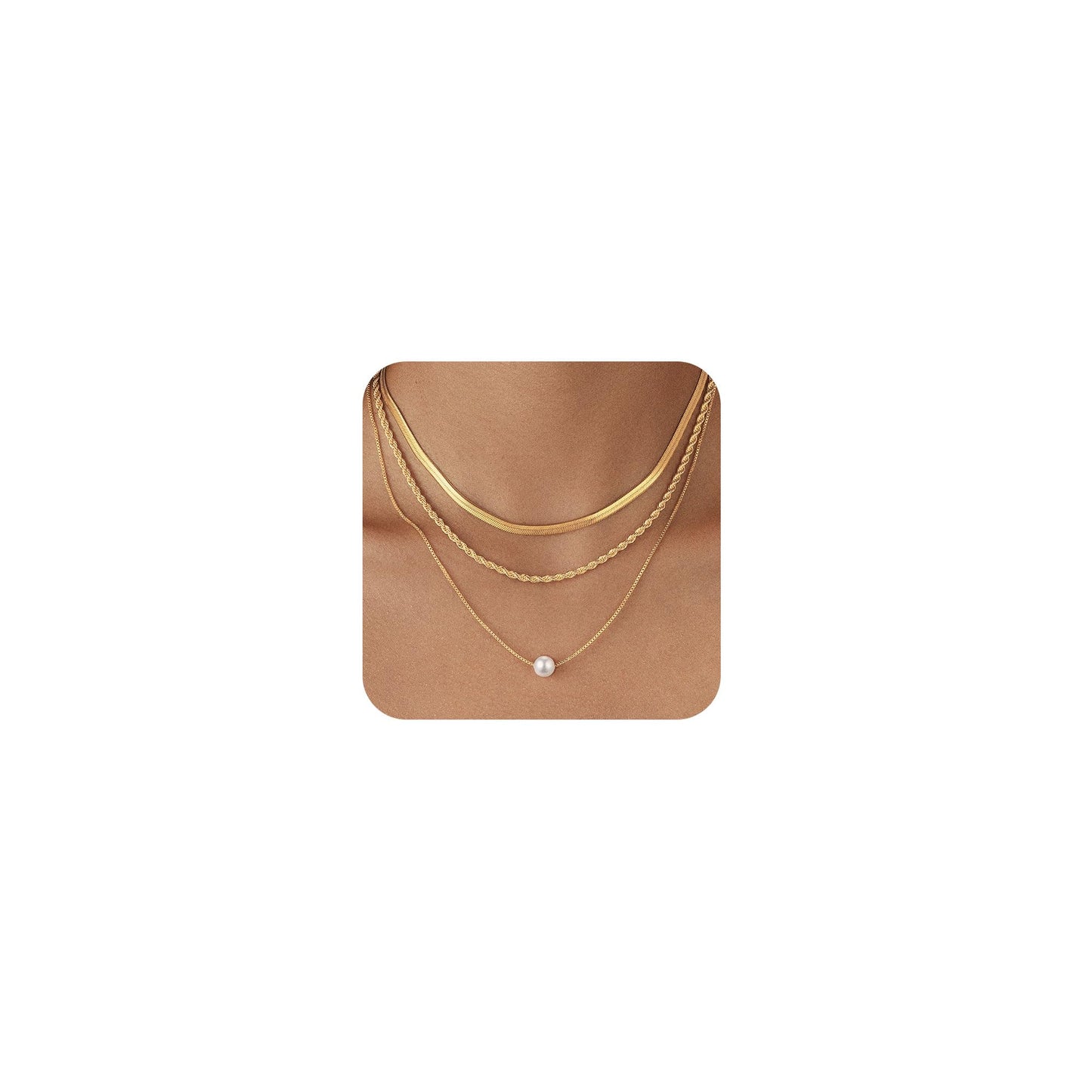 Hothrty Gold Pearl Necklaces for Women Dainty 14K Gold Plated Herringbone Twisted Chain Choker Necklace Set Layered Gold Necklace Stack Trendy Simple Jewelry Set