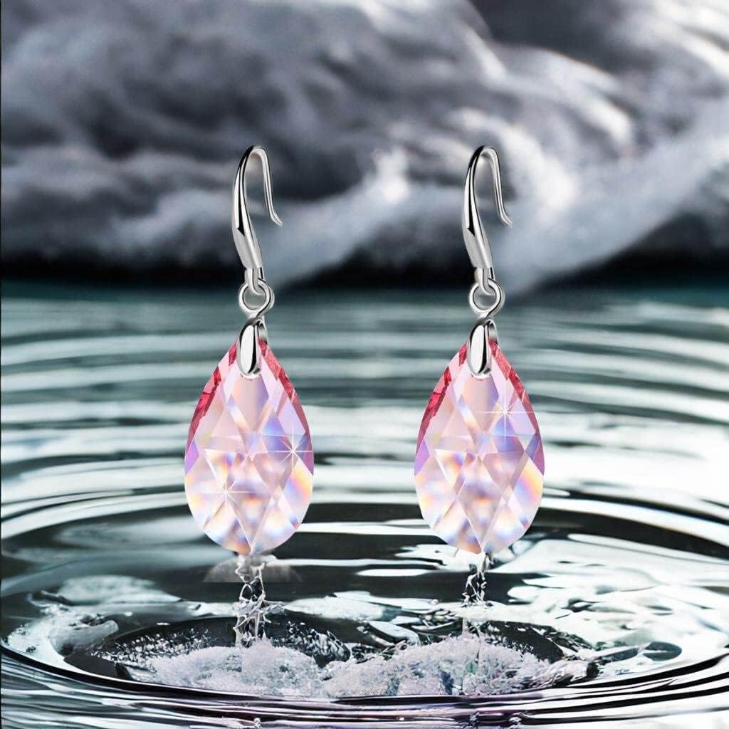 Austrian Crystal Teardrop Dangle Hook Drop Earrings for Women 14K Gold Plated Hypoallergenic Jewelry (Pink)