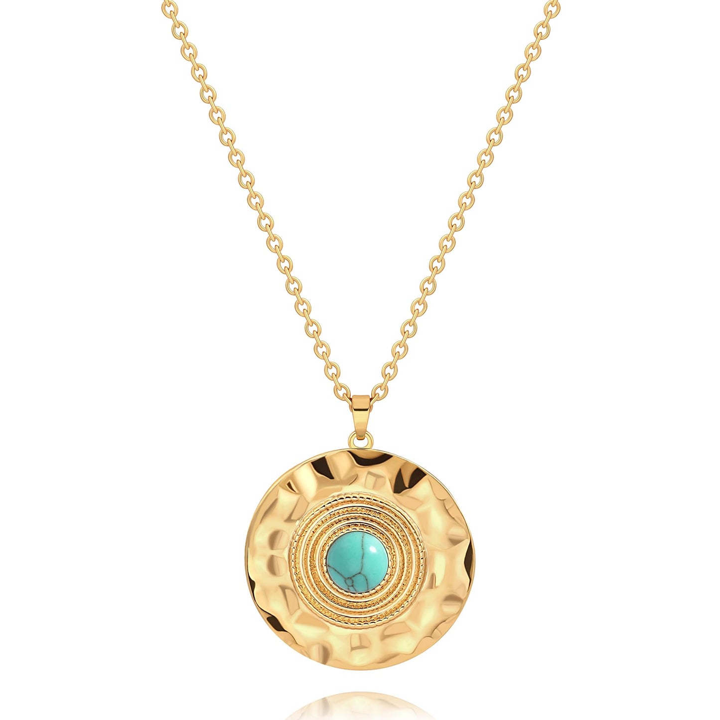 CANEVINKA 18K Gold Plated Bohemian Turquoise Pendant Necklace for Women Hammered Texture Coin Necklace Jewelry