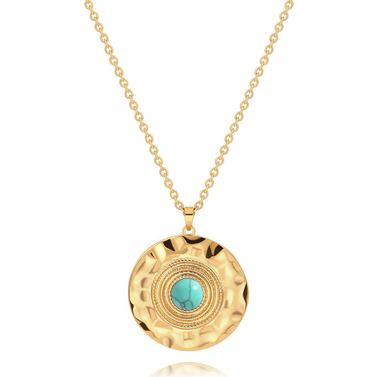 CANEVINKA 18K Gold Plated Bohemian Turquoise Pendant Necklace for Women Hammered Texture Coin Necklace Jewelry
