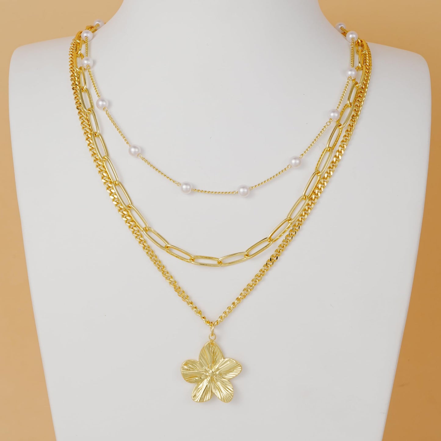 YEEZII Layered Gold Necklaces for Women Trendy, 3 Pcs 14K Gold Plated Choker Paperclip Box Chain Necklace, Stackable Women's Gold Pendant Necklaces Jewelry Set (Gold-3 Pcs-Flower)