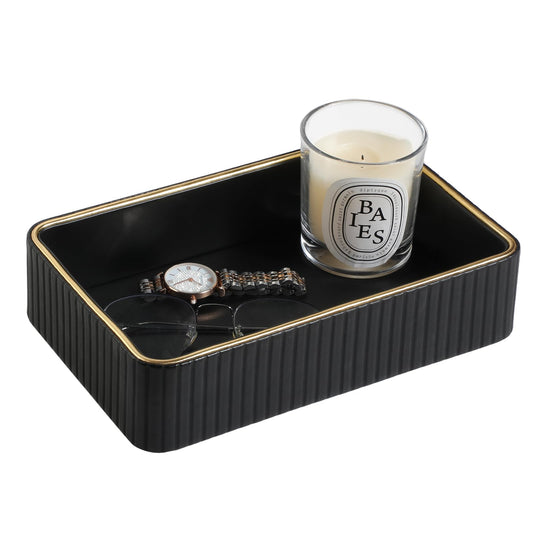 MEIBOOCH Desk Organizer Tray, PU Leather Nightstand Organizer Perfume Valet Tray for Men Women, Decorative Vanity Trays Trinket Dish Key Bowl for Entryway Table (Black, Small)