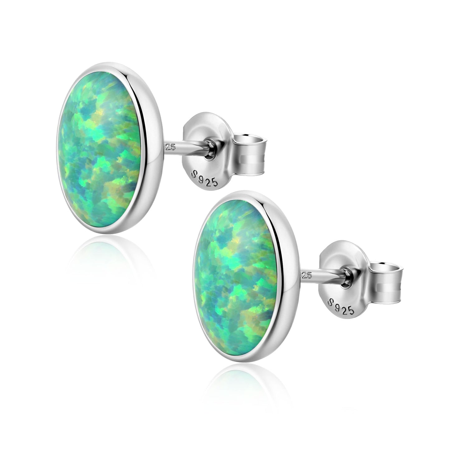 JiayangJY Silver Green Fire Opal Stud Earrings for Women Sterling Silver Oval Shape 5mm Opal Earrings with Push Back