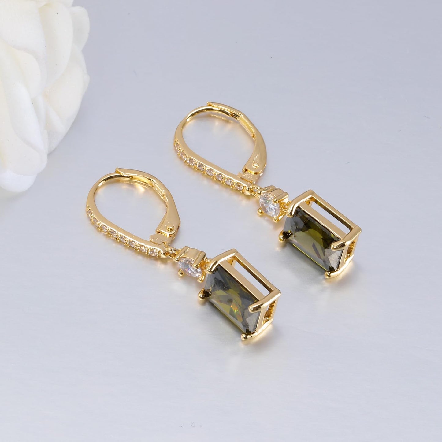 CiNily Leverback Earrings for Women Rectangular-cut Drop Dangle Earring Hypoallergenic, 14K Gold Plated Olive Green Cubic Zircon Earrings Diamond Dangle Ear Rings Jewelry Birthday