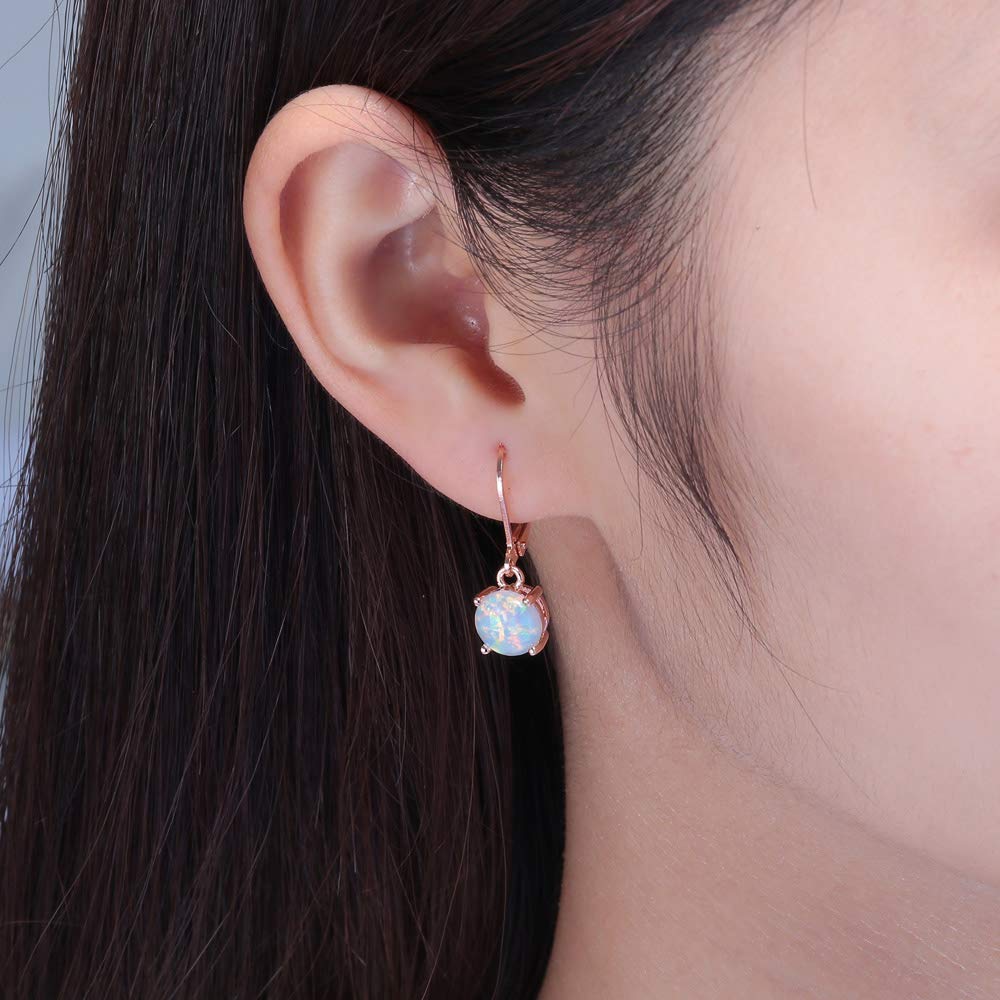 CiNily Rose Gold Plated Opal Drop Earrings,Leverback Hypoallergenic Dangle Earrings for Women Round-Cut Gemstone Opal Jewlery Gift