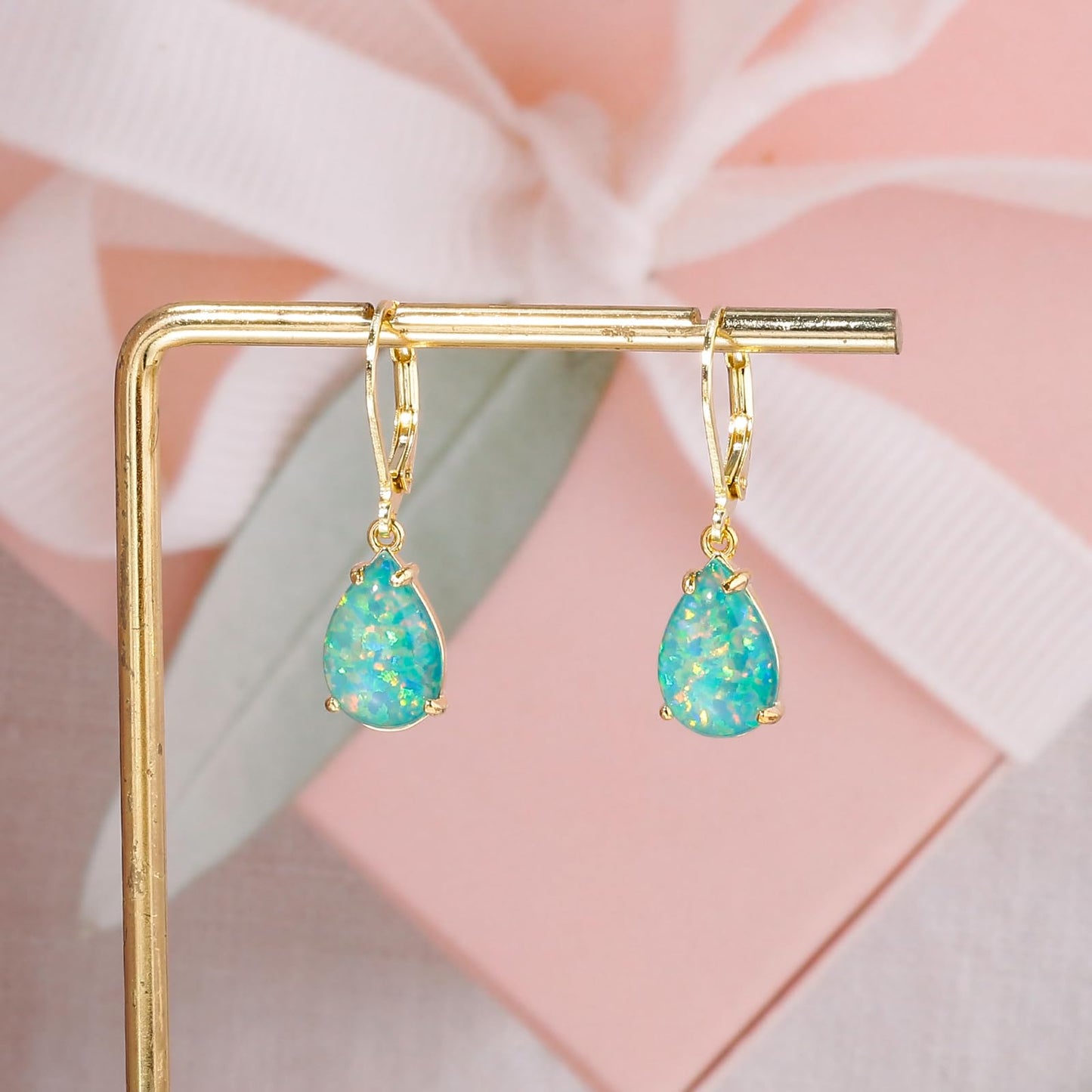 CiNily Teardrop Leverback Dangle Earrings for Women Hypoallergenic Dark Green Opal Pendant Drop Earrings 14K Yellow Gold Plated Hanging Lever Earrings Fashion Party Jewelry