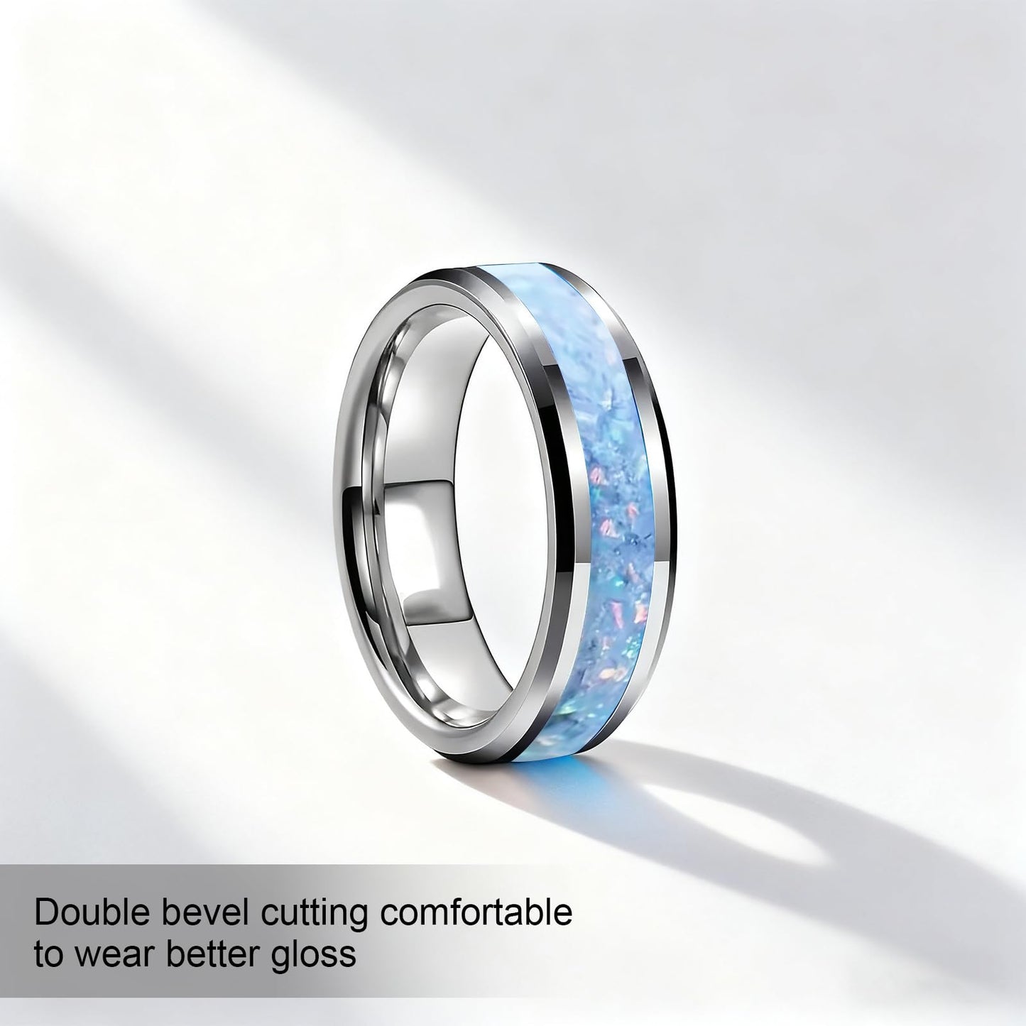 HJIMMNHONG New Opal Fashion Ring Double Beveled Edge Delicate Polished Stainless Steel Simple Mens and Women Rings, Width 8mm,Blue, Size 10