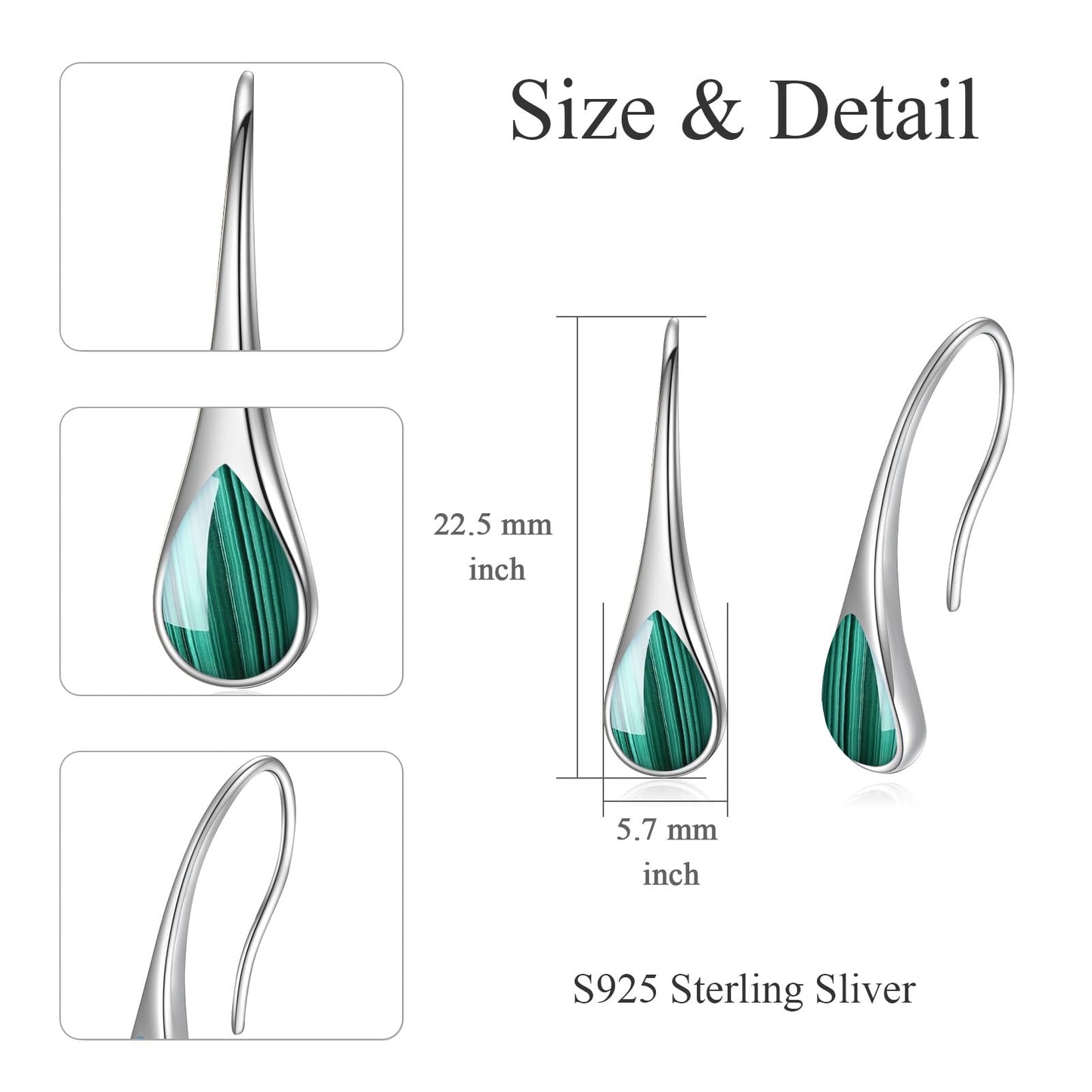 925 Sterling Silver Pear-Shaped Hook Earrings with Malachite, Teardrop Birthstone Jewelry Gifts for Women Wife Mom