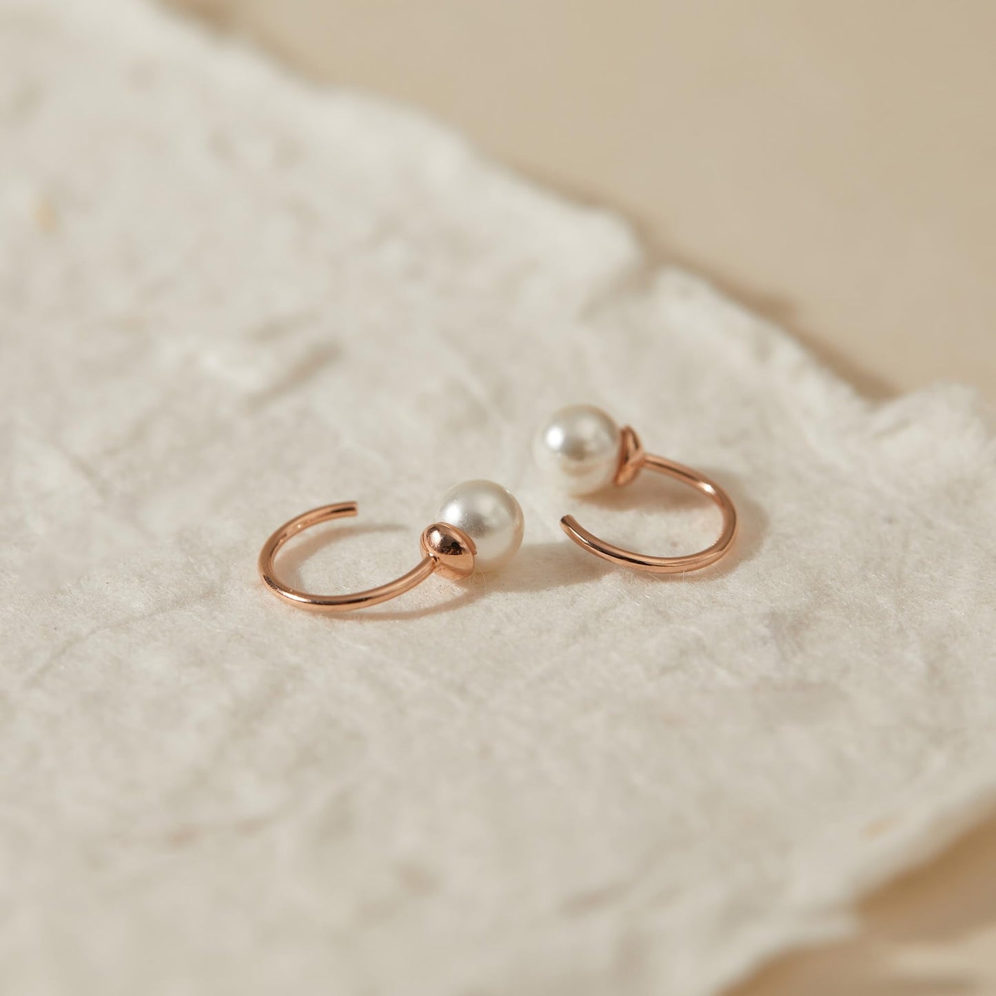 CHIC & ARTSY Backless Earrings for Women 18K Rose Gold Plated 925 Sterling Silver Half Huggie Hoop Earrings White Simulated Shell Pearl No Back Earrings Stay Close Hoop Earrings