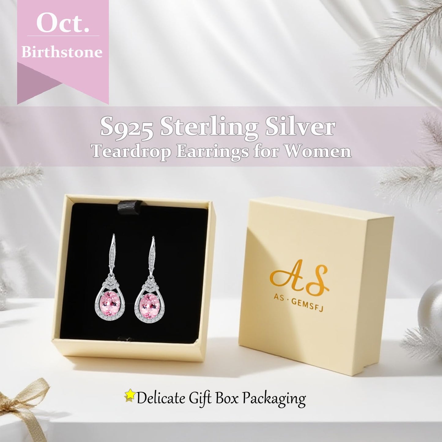 Sparkling Pink Tourmaline Earrings for Women S925 Sterling Silver October Birthstone Dangle Earrings for Women CZ Teardrop Leverback Drop Earring Jewelry Birthday Gifts for Girlfriend