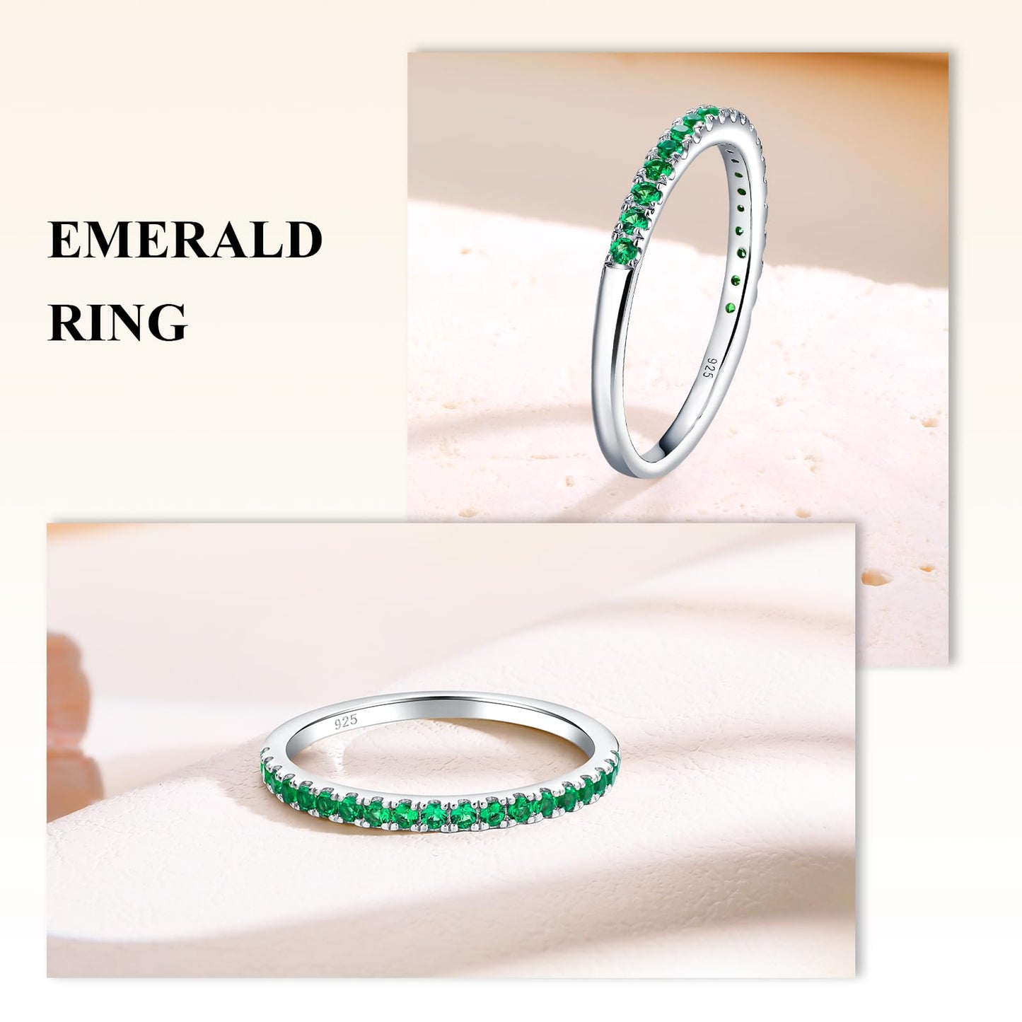 AGRULE Emerald Eternity Band Silver Wedding Rings Men Women Sterling Silver Created May Birthstone Rings 0.3 Carat Green Stone Stackable Cocktail Ring Size 6