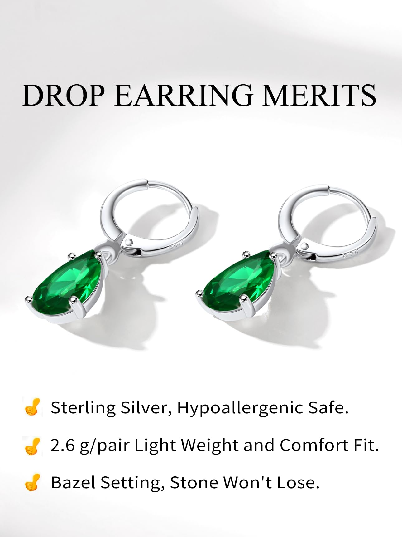 Bestyle Green Emerald Teardrop Earring with Hypoallergneic Silver Huggie Hoops - Shimmer May Birthstone Dangles Silver Earring for Women - Dainty Cute Earrings for Mom Wife Grandma