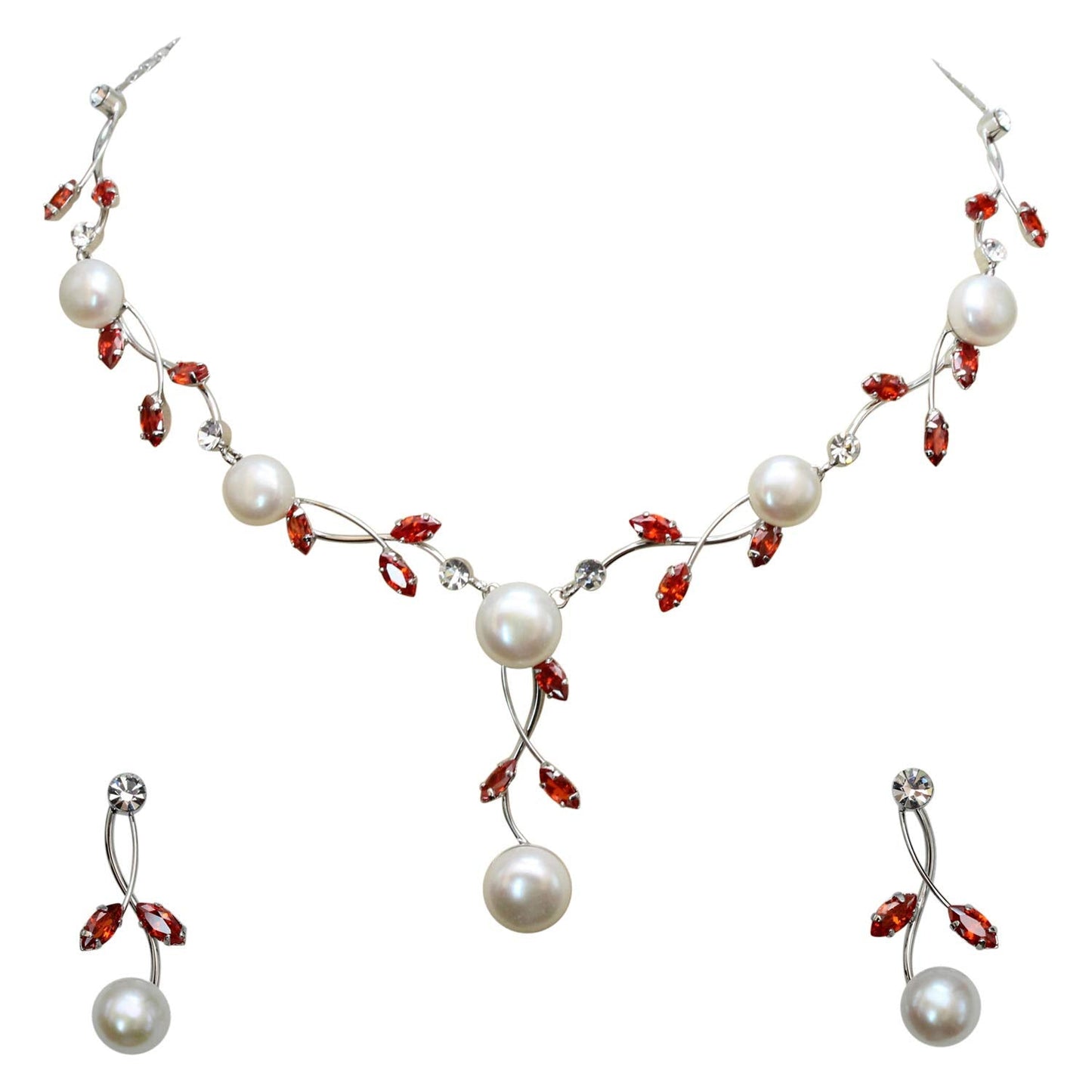 Faship Red CZ Crystal Genuine Freshwater Pearls Floral Necklace Earrings Set - Red