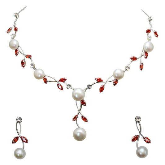 Faship Red CZ Crystal Genuine Freshwater Pearls Floral Necklace Earrings Set - Red