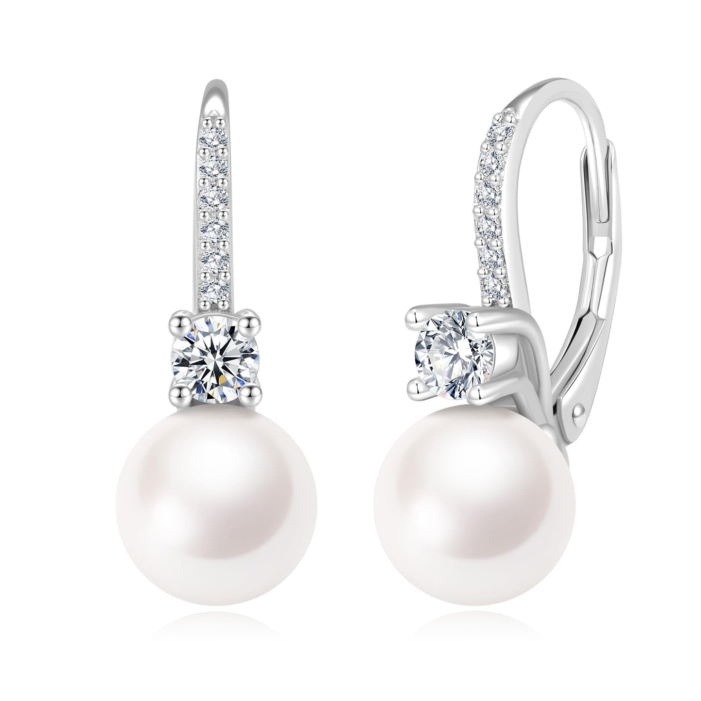 BAMIKI Pearl Drop Dangle Earrings 925 Sterling Silver Cubic Zirconia Leverback Earrings, 8MM Round Freshwater Cultured Pearls Jewelry Gifts for Women Wife Mother