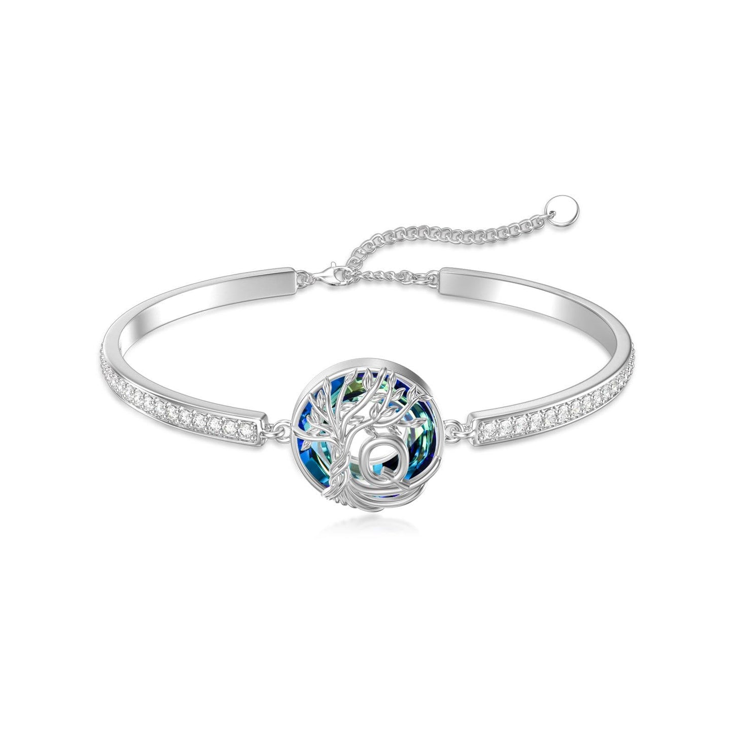 TOUPOP Tree of Life Bracelet Sterling Silver Initial Q Letter Bangle Bracelet Family Tree Blue Crystal Jewelry Mothers Day Birthday Gifts for Women Mom Wife