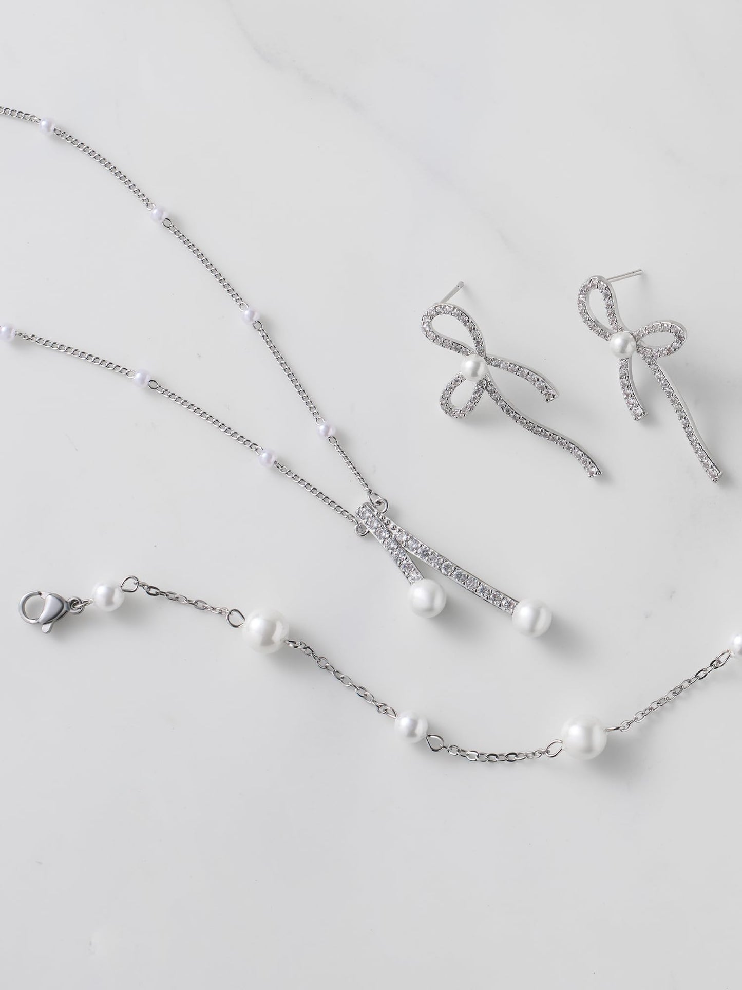 SWEETV Pearl Bridal Jewelry Set for Wedding, Bow Necklace and Earring Sets for Women Bridal Bridesmaid, Cubic Zirconia Silver Jewelry Set Wedding Prom Anniversary Jewelry Gifts