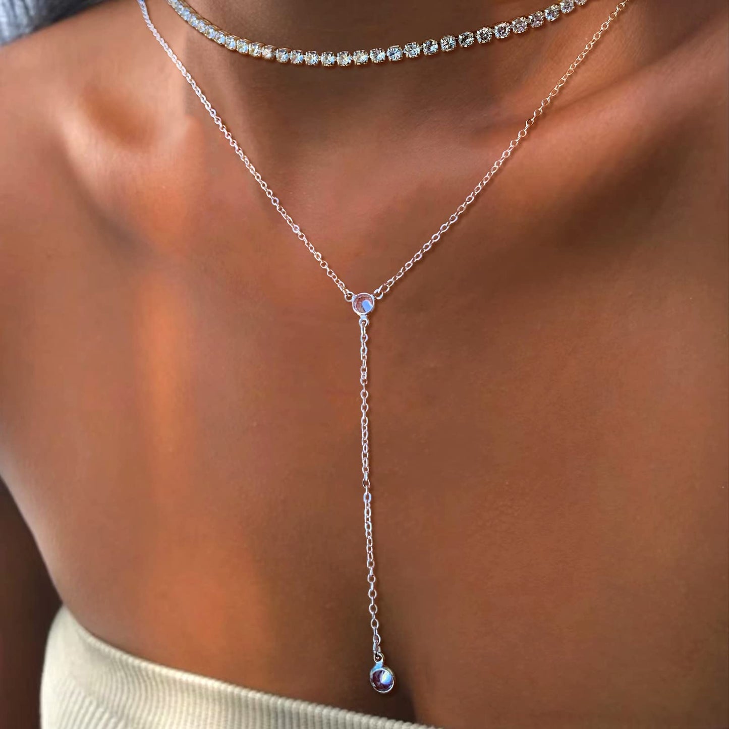 Luxval Lariat Silver Necklace for Women Silver Plated Dainty Long Y Necklaces CZ Pendant Drop Choker Necklace Trendy Simple Silver Jewelry for Women
