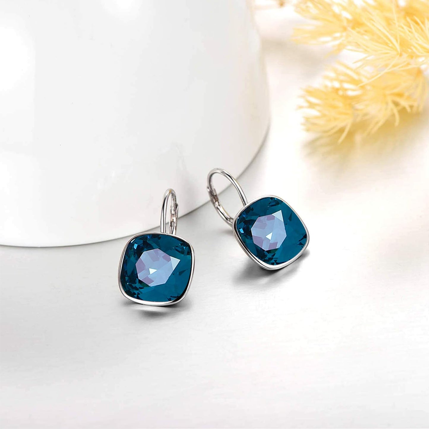 AOBOCO Sterling Silver Leverback Earrings Embellished with Crystals from Austria, Hypoallergenic Cushion Cut Square Crystal Earrings, Fine Anniversary Birthday Jewelry Gifts for Women (London Blue)