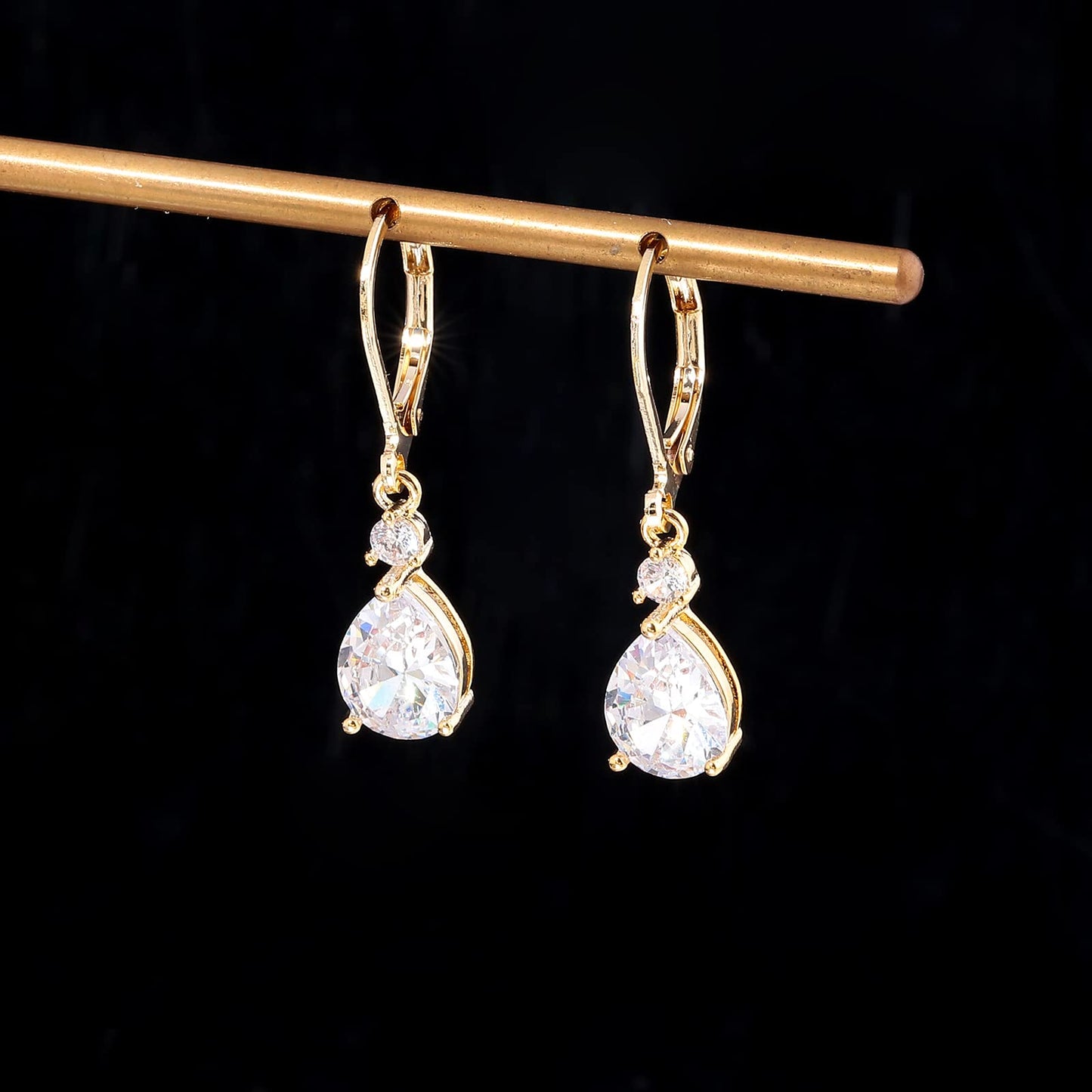 CiNily Leverback Dangle Earrings for Women 14K Gold Plated Drop Earrings White Cubic Zircon Fashion Teardrop Hoop Earrings Hypoallergenic Jewelry for Sensitive Ear