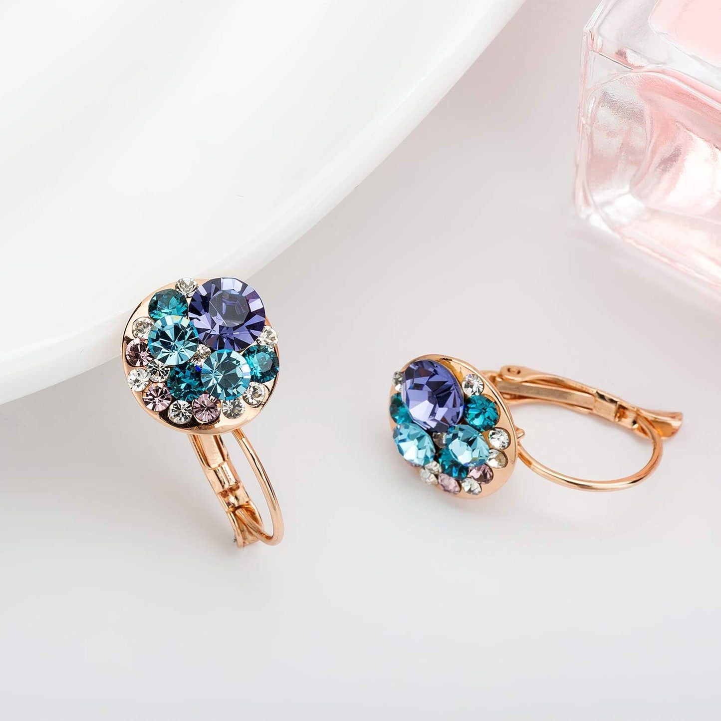 Multicolored Austrian Crystal Drop Earrings for Women 14K Gold Plated Hypoallergenic Leverback Hoop Earrings