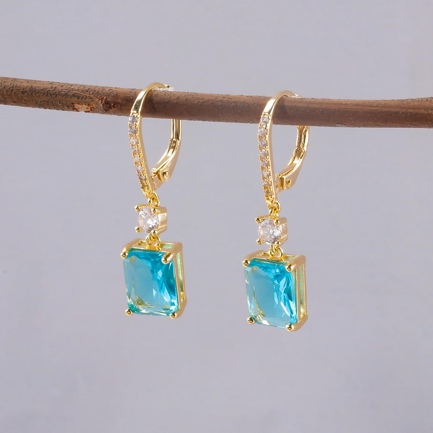 CiNily Leverback Earrings for Women Rectangular-cut Drop Dangle Earring Hypoallergenic, 14K Yellow Gold Plated Blue Cubic Zircon Earrings Diamond Dangle Ear Rings Jewelry for Xmas Birthday