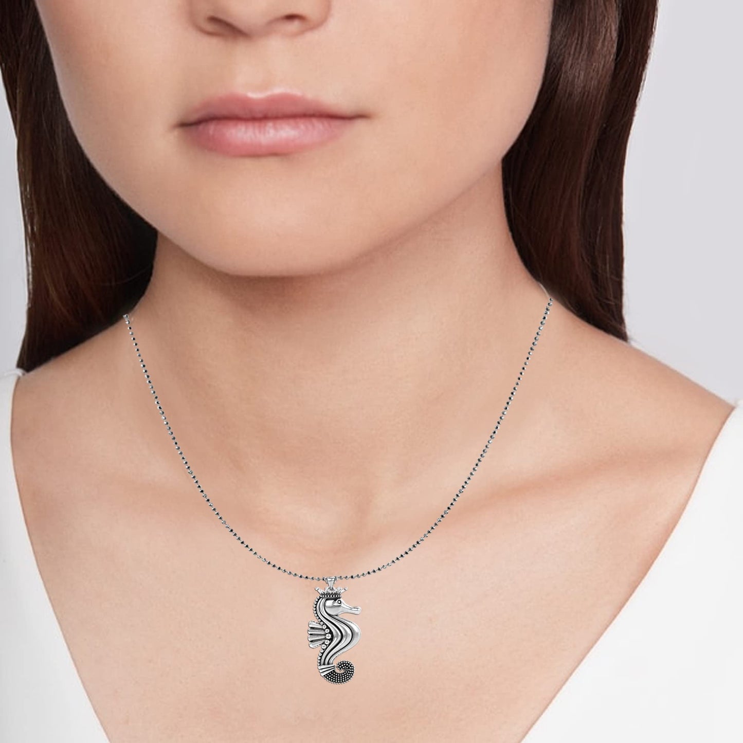 LeCalla 925 Sterling Silver Seahorse Necklace for Women | Two-Tone Caviar Beaded Sea horse Pendant Necklace | Ocean Animal Jewelry Gifts for Mom Wife 18 Inches