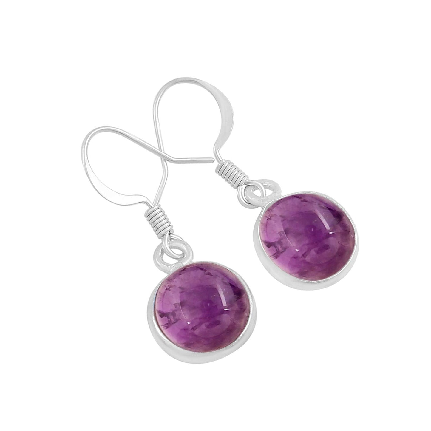 Natural Amethyst 925 Silver Plated Dangle Earrings for Women - Round Shape Purple Color Gemstone February Birthstone Handmade Jewelry Earrings - Valentine's Day Gift for Love