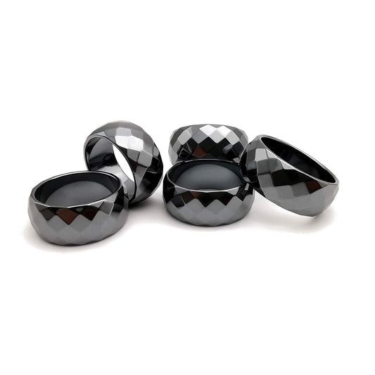Morchic 5Pcs Pack Hematite Stone Rings for Women & Men, Unisex Faceted Set (10mm Width) - Mixed Sizes 8-12, Chakra Balancing, Polished Gemstone, Gift Ready