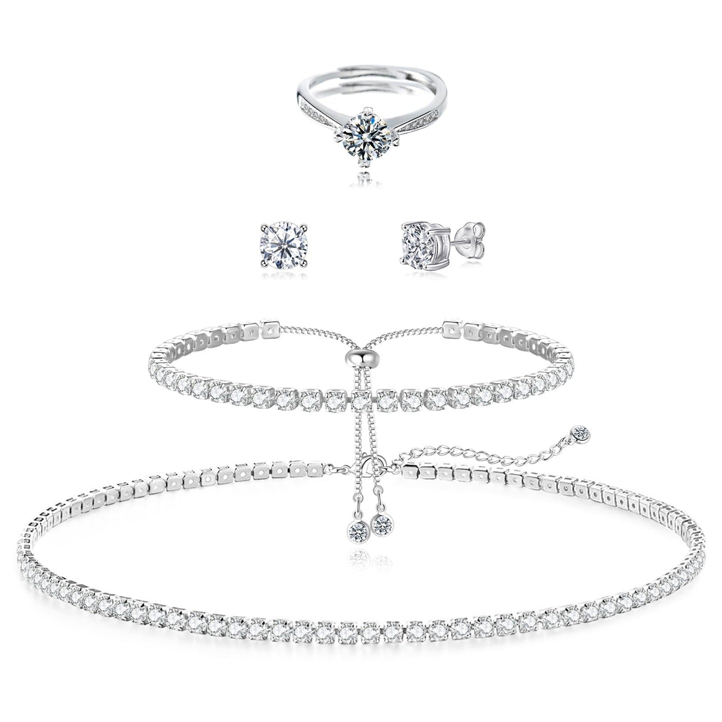 LULII Tennis Necklace Set for Women Dainty Sterling Silver Necklace and Earring Sets Diamond Earrings Crystal Bracelets Diamond Ring for Women Silver Jewelry Sets for Wedding Bride Gift