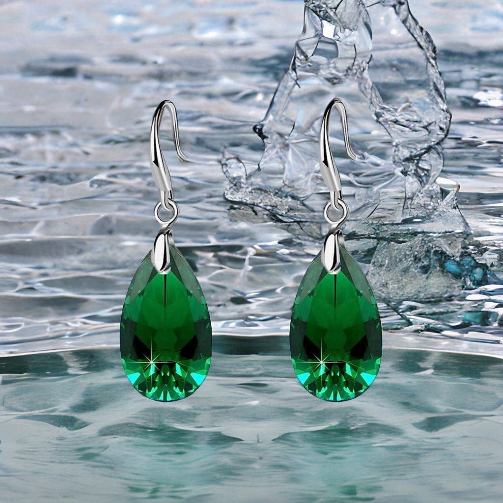 Austrian Crystal Teardrop Dangle Hook Earrings for Women 14K Gold Plated Hypoallergenic Jewelry (Emerald)