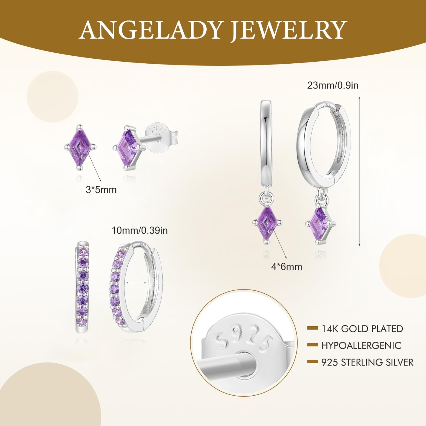 Sterling Silver Earrings Set for Women, Dainty Silver Purple Cartilage Huggie Hoop Earring, Hypoallergenic Trendy Small Amethyst Earring Stacks for Multiple Piercing, Purple Earring Jewelry Gifts