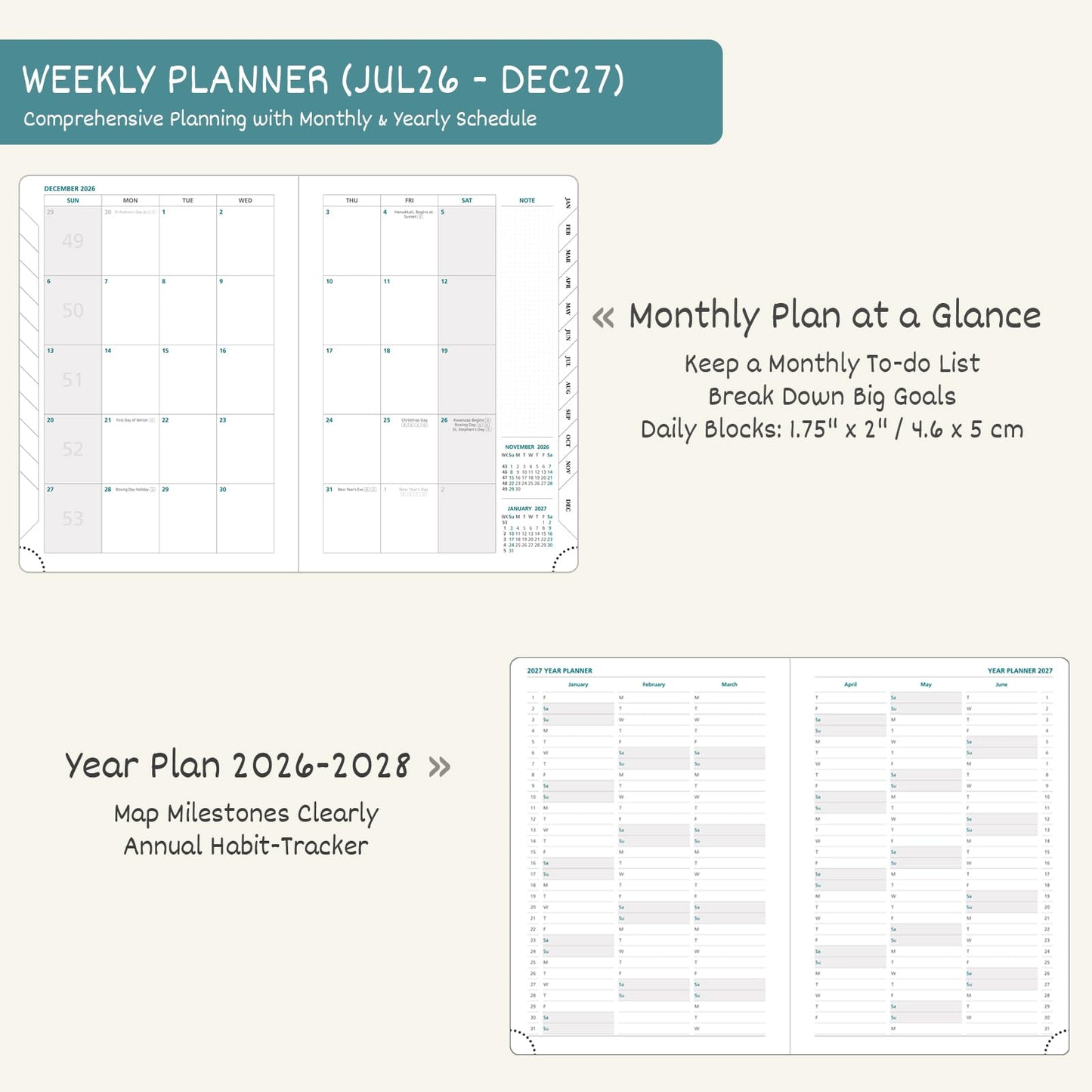 BEZEND Weekly Planner 2026-2027 (8.5" x 11") with Hourly Timeslots (Jul 26-Dec 27) 18 Months Academic Calendar & Monthly Tabs, Ideal for Students, Work & Home, PU Leather Hardcover -Blueberry