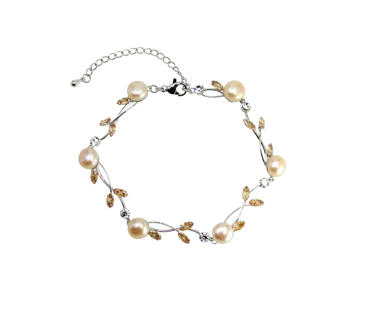 Faship Champagne CZ Crystal Genuine Freshwater Pearls Floral Bracelet 7.5" - 9.5" - Brown/Silver-Tone/Matching Bracelet