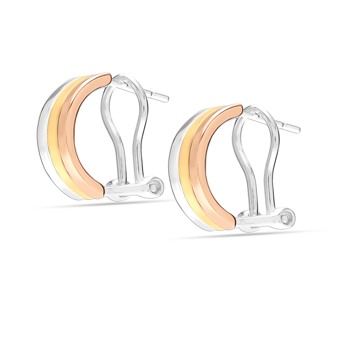 LeCalla 925 Sterling Silver Omega Back Earrings Three-Tone C Shape Curve Clip-On Medium Stud Earrings for Women - 15MM