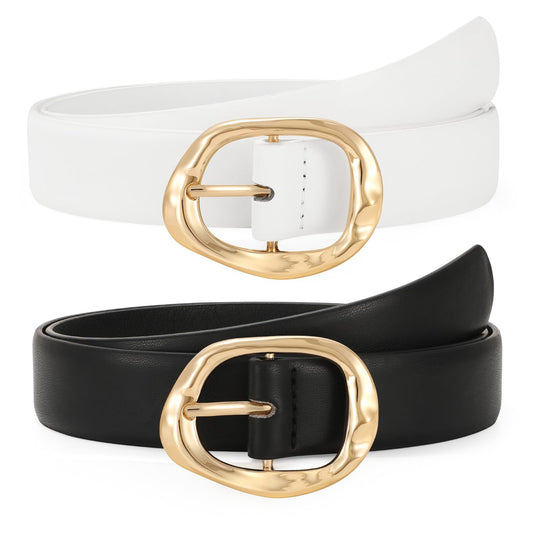 TRIWORKS 2 Pack Leather Belts for Women Fashion Waist Belt with Liquid Shapes Women Belt for Jeans Pants Dresses
