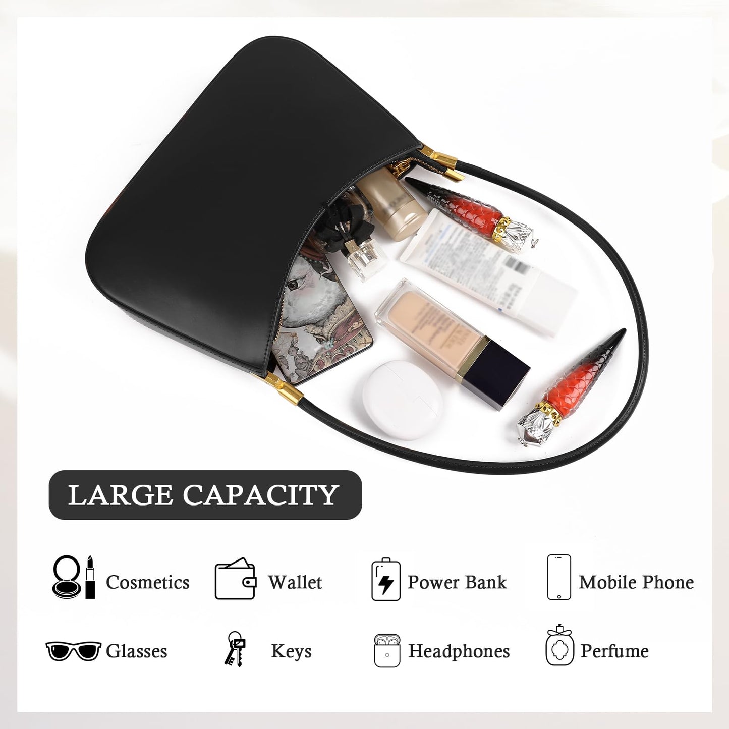 MFFOR Shoulder Bag for Women, Genuine Leather Hobo Tote Handbag, Small Clutch Purses Cute Hobo Handbag(Black)