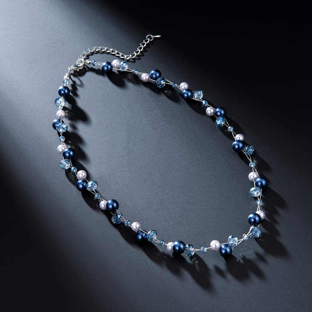 Short Beaded Turquoise Necklace For Women - Fashion Jewelry with Pearl and Crystal Bead, Birthday Gifts For Women (27-Blue)