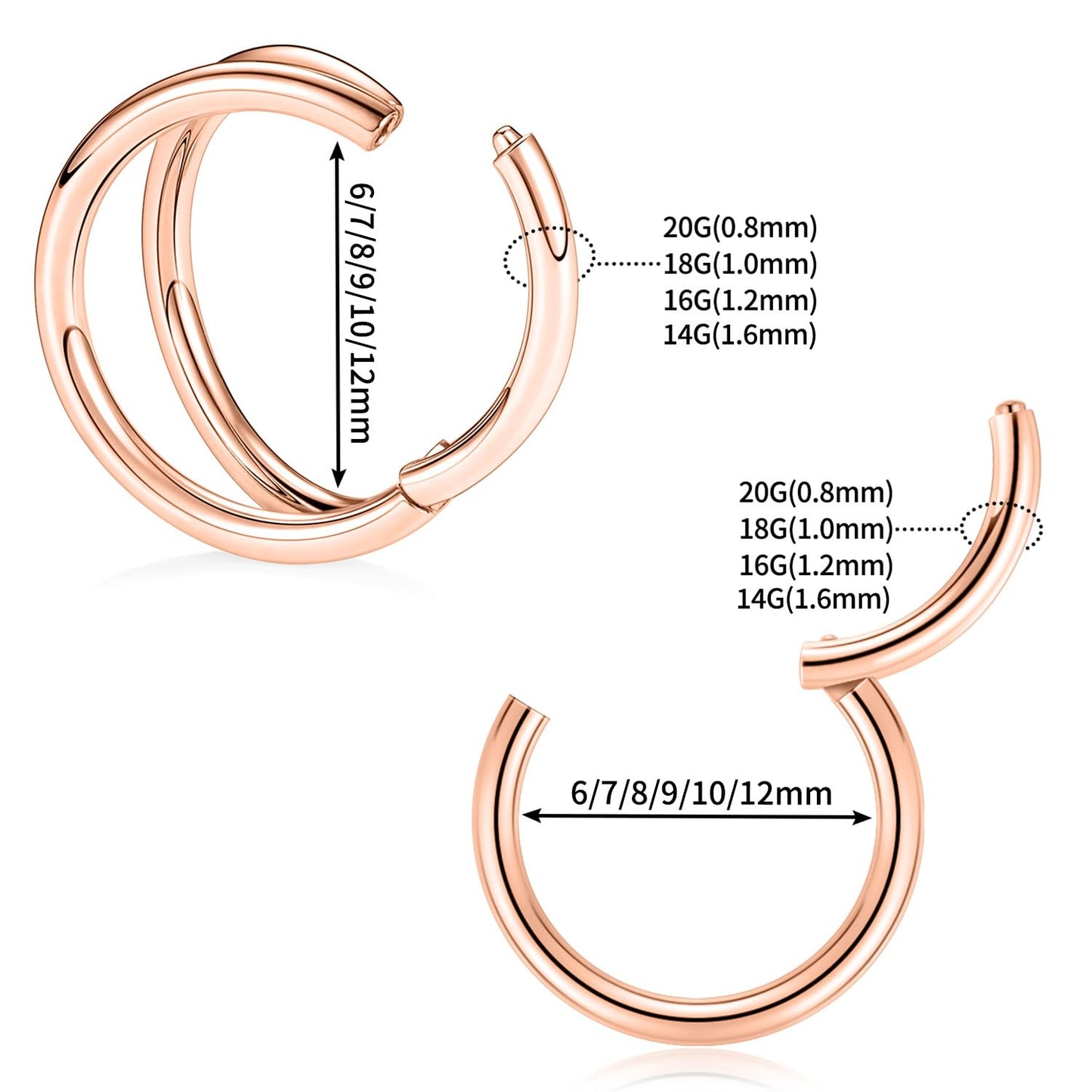 Nose Rings 14 Gauge Hoop Earrings For Women 14g Nose Hoop Rose Gold Septum Jewelry Surgical Steel Septum Ring Double Hoop Septum Clicker Lip Rings Helix Earring Conch Piercing Cartilage Earring 12mm