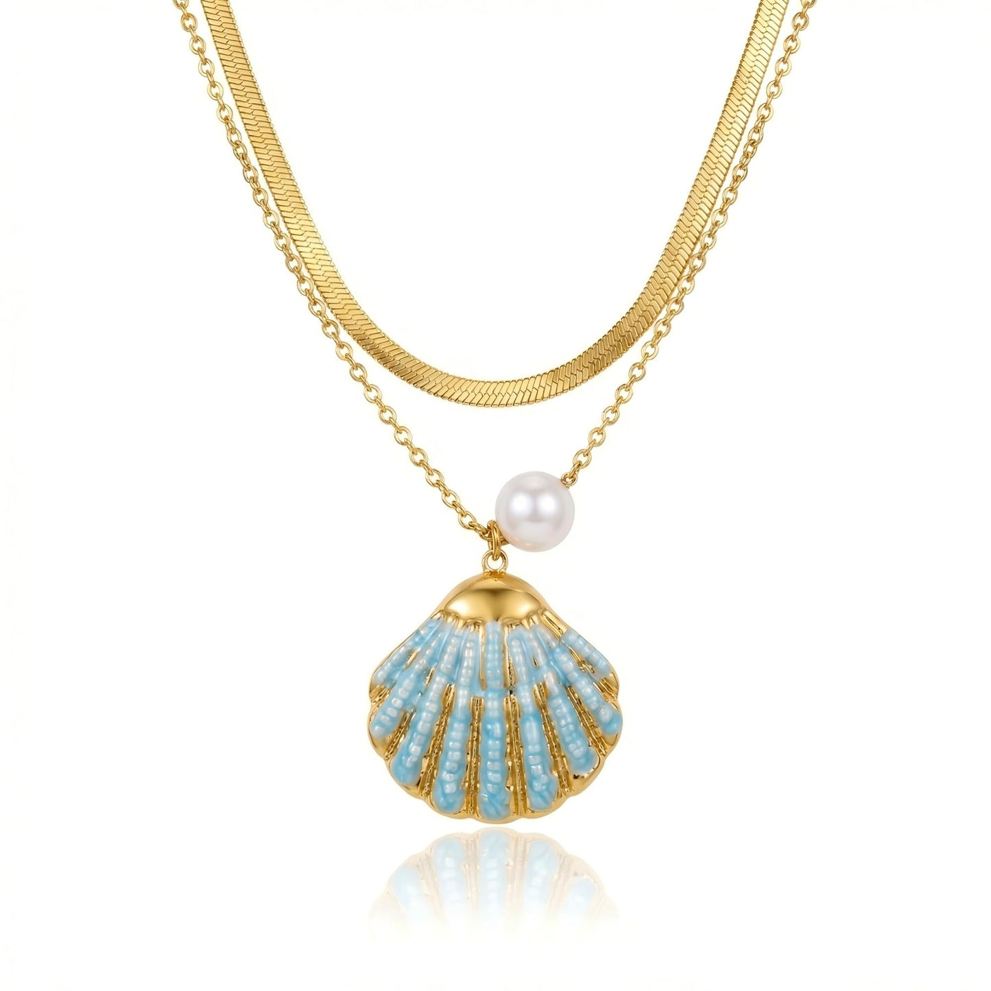 Harlermoon Gold Starfish Necklace for Women - 18K Gold Plated Stainless Steel Ocean Beach Jewelry, Sea Turtle Shell Pearl Pendant, Waterproof Non Tarnish Snake Chain Choker, Summer Vacation Mermaid Gifts (Large Shell Snake Chain)