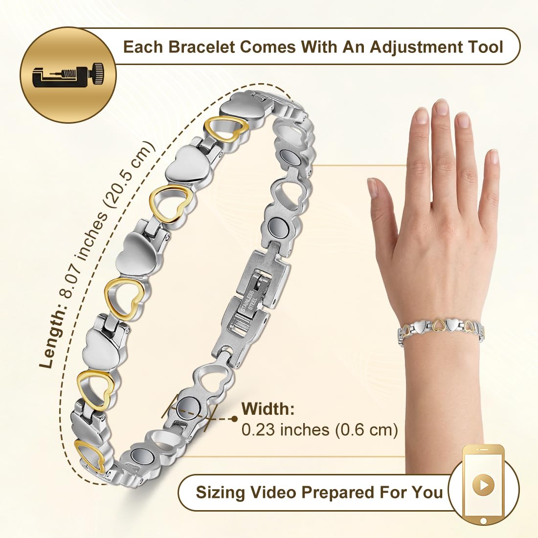 Vicmag Magnetic Bracelet for Women, Titanium Steel Bracelet with Ultra Strength Magnets, Waterproof & Adjustable, Jewelry Gift with Sizing Tool(Silver Gold Heart)