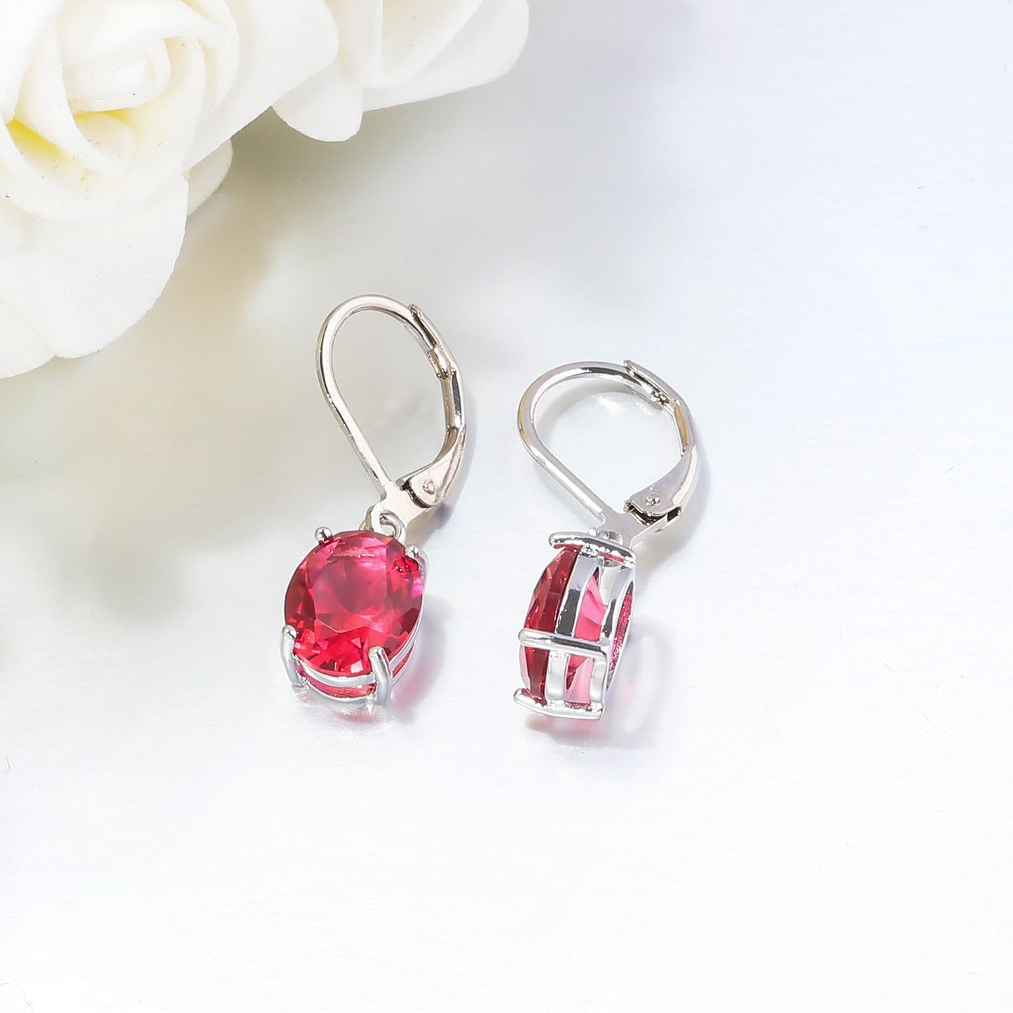 CiNily Cut-Oval Leverback Dangle Earrings for Women Red Cubic Zircon 14k White Gold Plated Hypoallergenic Hanging Earrings Lightweight Summer Drop Earrings