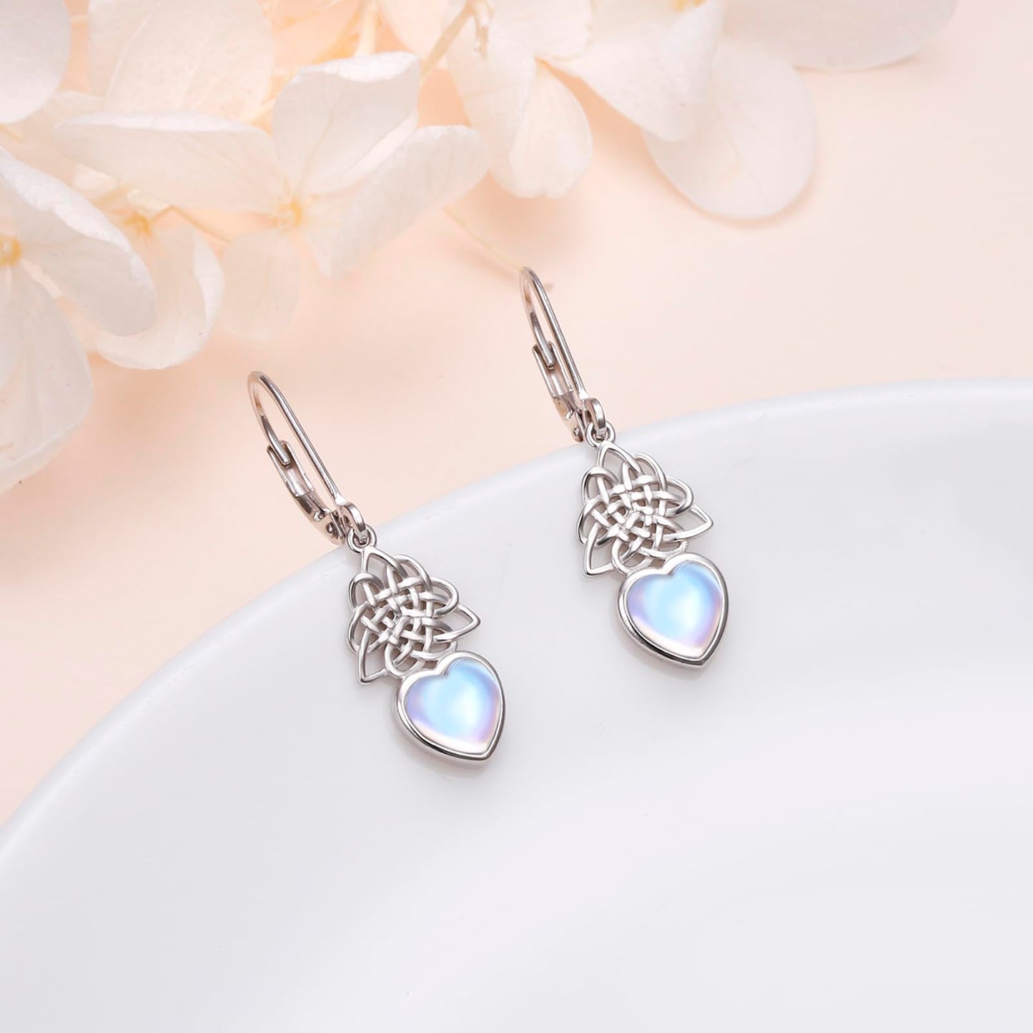SHAOAN Celtic Knot Moonstone Dangle Drop Earrings 925 Sterling Silver Heart Irish Celtic Knot Leverback Earrings Jewelry Gifts for Women