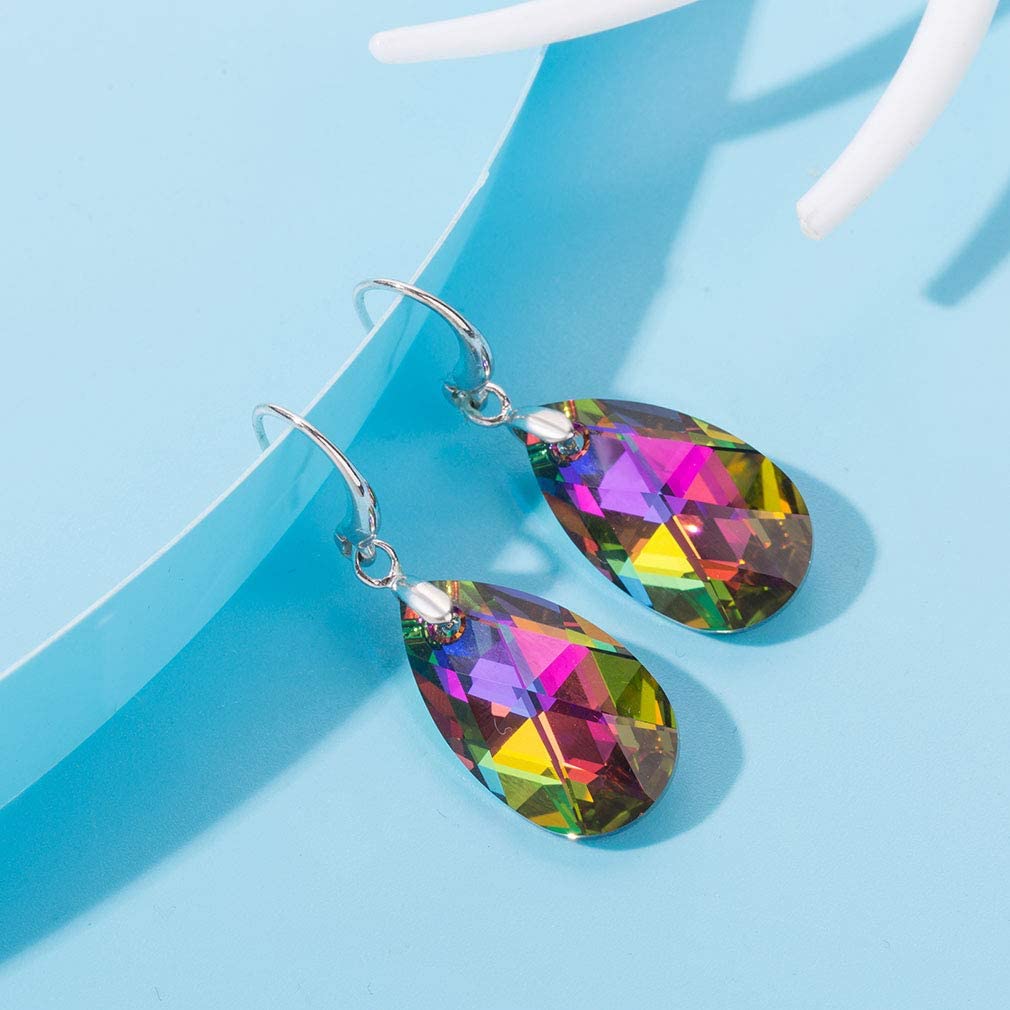 Austrian Crystal Teardrop Dangle Hook Earrings for Women 14K Gold Plated Hypoallergenic Jewelry (Vitrail Medium)