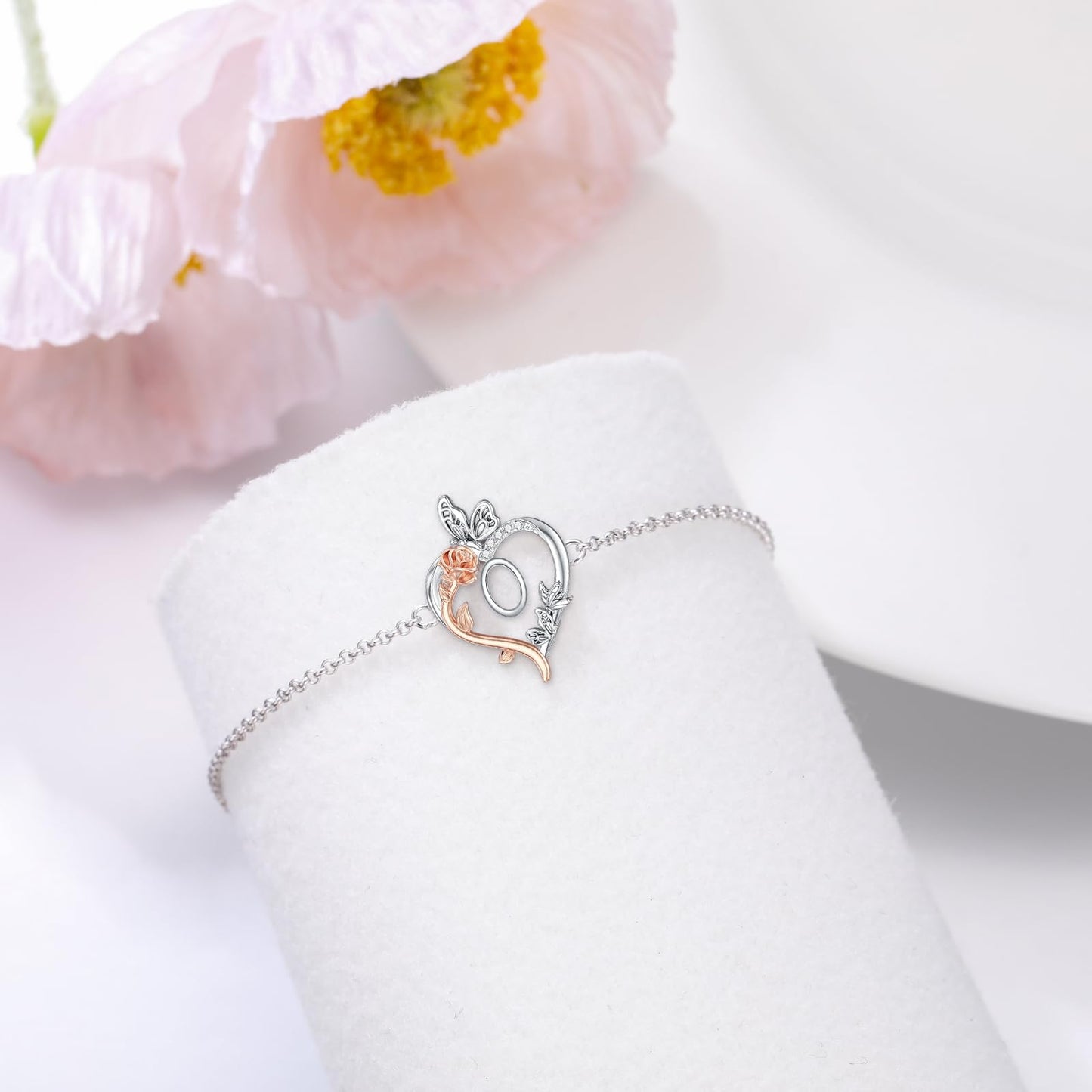 TOUPOP Rose Heart Bracelet for Women Sterling Silver Heart Initial O Letter Bracelet Butterfly Love Jewelry Anniversary Birthday Mothers Day Gifts for Mom Wife Her Girlfriend
