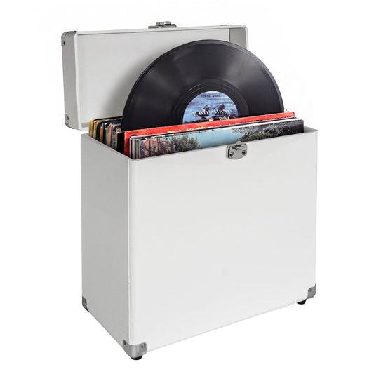 ChaiTrek Vinyl Record Storage Box – Lockable Leather Crate for 7 10 12 Inch Records, Holds 30 LPs, Portable Album Case for Collectors & Audiophiles, White