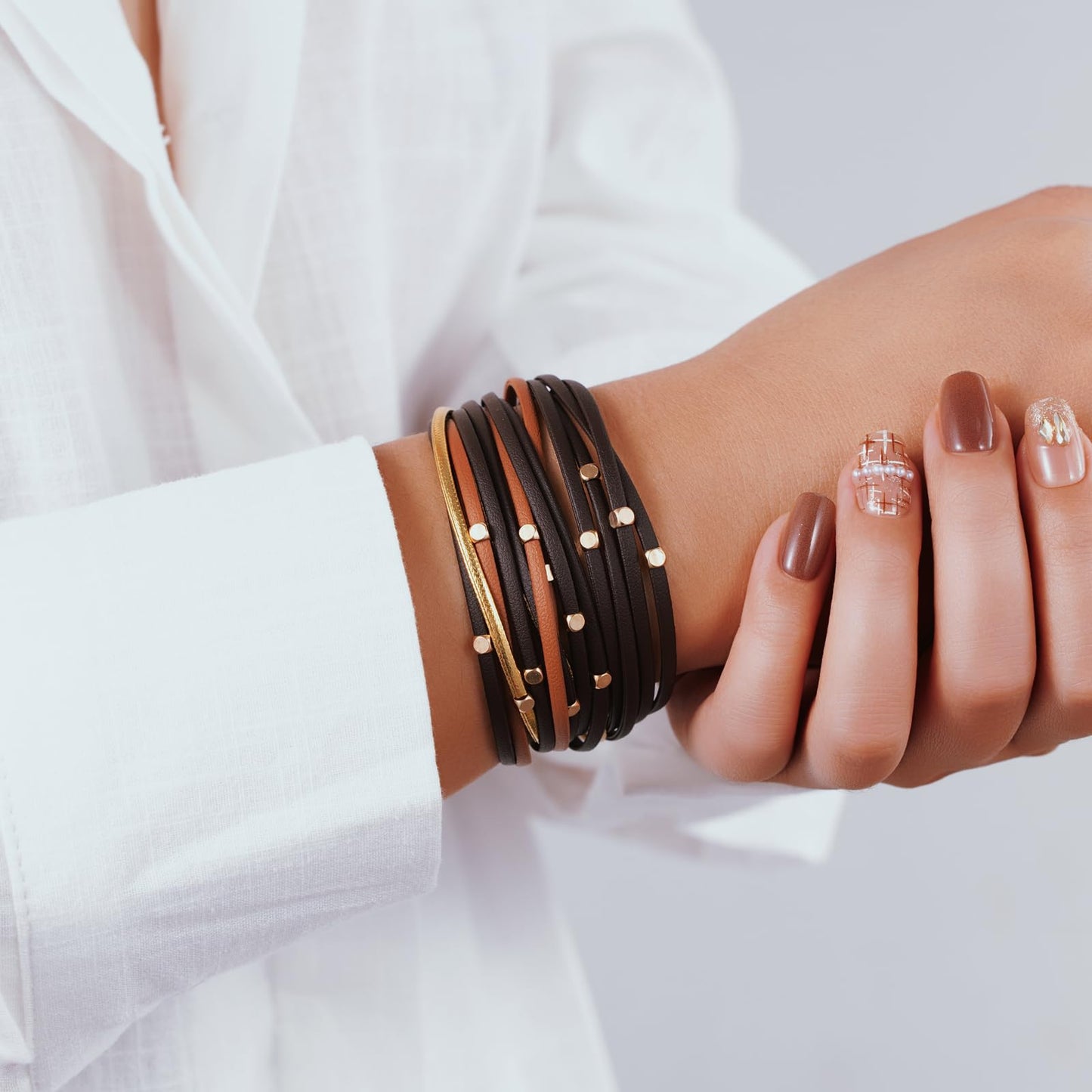 Becklynn Boho Leather Wrap Bracelets Beaded Crystal Stackable Cuff Bracelet with Magnetic Clasp Cowboy Cowgirl County Concert Outfits Western Jewelry Gifts for Women(Beaded Brown)