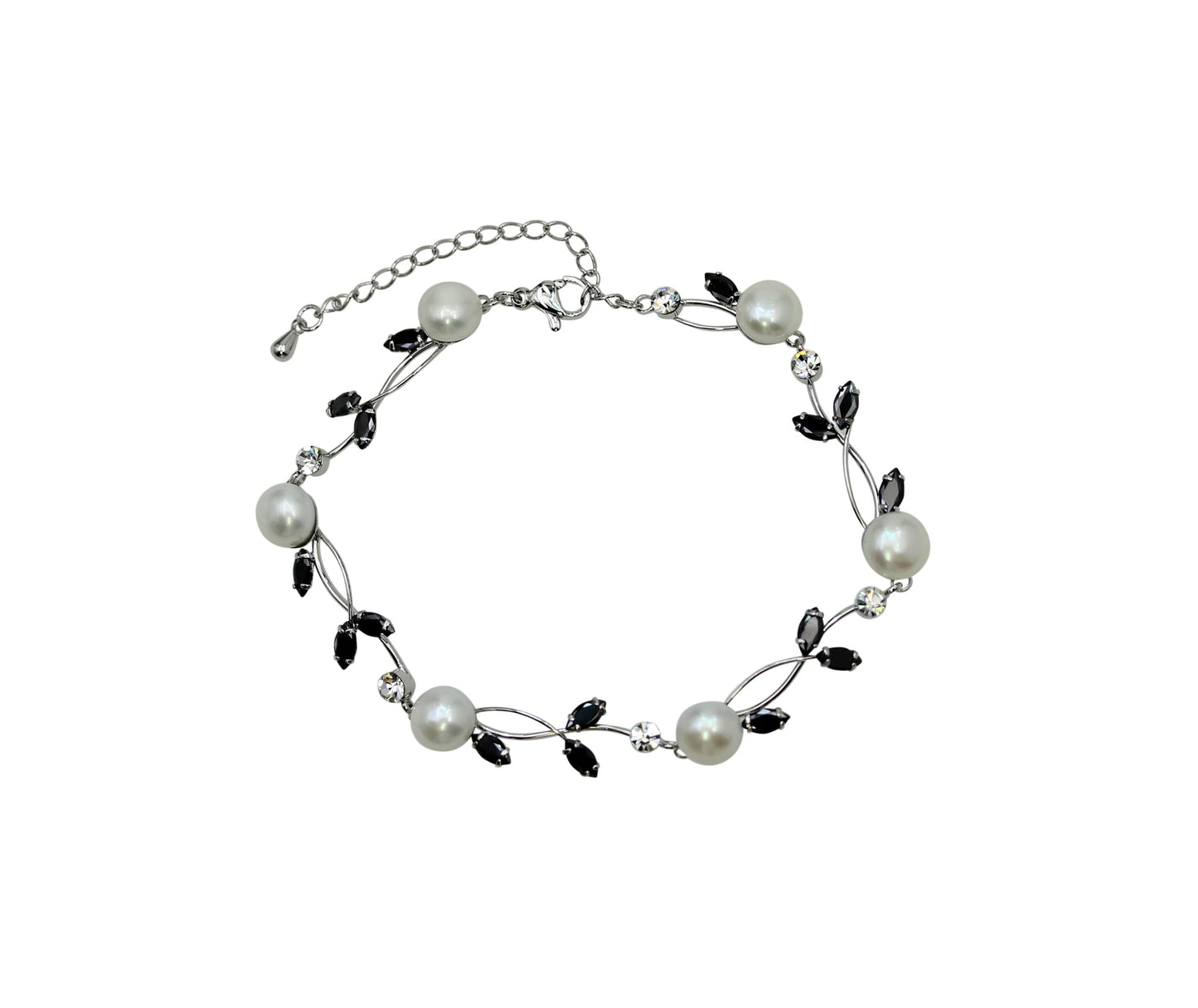 Faship Black CZ Crystal Genuine Freshwater Pearls Floral Bracelet 7.5" - 9.5" - Black/Matching Bracelet